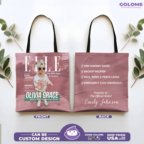 Personalized ELLE Baby Tote Bag – Custom Photo, Name & Quote – Stylish Mom Gift